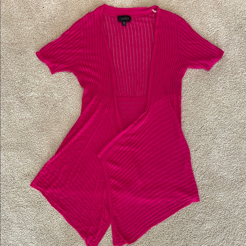 Hot pink short sleeve thin sweater cardigan, size Petite large